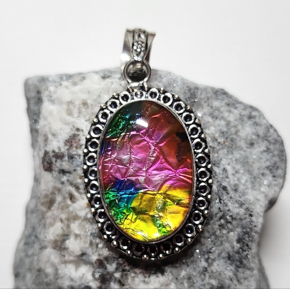Rainbow Dichroic Glass Pendant Sterling Silver Overlay Hand Crafted Necklace - Picture 3 of 8